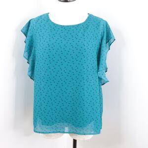 Massini Women’s L Teal Blue Geometric Flutter Sleeve Sheer Layered Blouse Top
